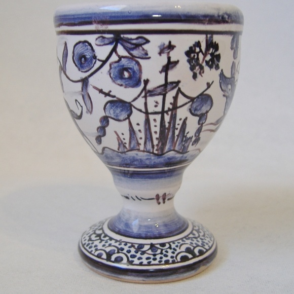 Egg Cup Estrela De Conimbriga Portugal Pottery Vintage Floral Flowers Dog Signed - Picture 5 of 8